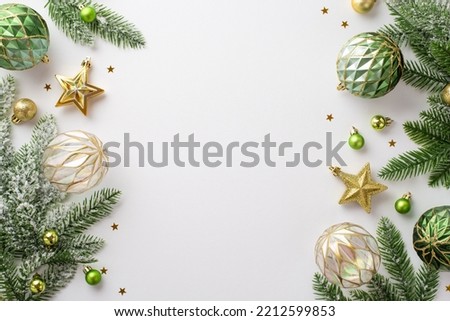 Christmas decorations concept. Top view photo of gold and green baubles balls star ornaments confetti and pine branches on isolated white background with empty space