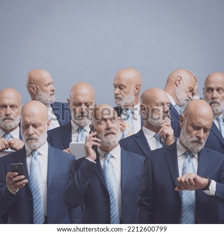 Multitasking flexible efficient businessman at work, collage of different portraits of the same man, blank copy space Royalty-Free Stock Photo #2212600799