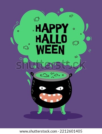 Funny cartoon evil witch's cauldron with steam. Hand Drawn Halloween card design 