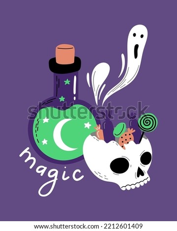 Funny cartoon broken skull with sweets, magic potion bottle and flying ghosts. Hand Drawn Halloween card design. 