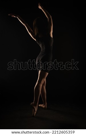 Ballerina is posing from the back while bending her body in silhouette