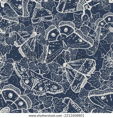 Magical blueprint moth butterfly pattern with pumpkin leaf swirls is bold and beautiful. The dark indigo-blue flying insect in the night design has alchemy and a Wiccan feel. Seamless vector pattern.