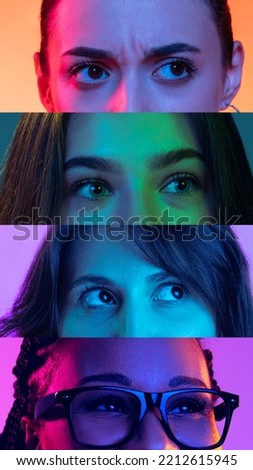 Doubts, thoughts. Vertical photo set of close-up male and female eyes isolated on colored neon backgorund. Multicolored stripes. Concept of equality, unification of all nations, ages and interests Royalty-Free Stock Photo #2212615945