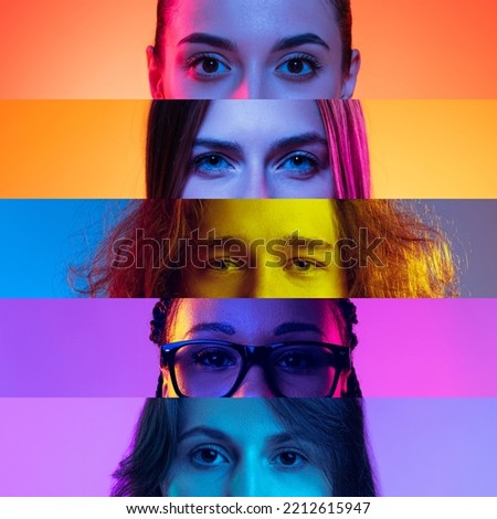 Confidence. Collage of close-up male and female eyes isolated on colored neon backgorund. Multicolored stripes. Concept of equality, unification of all nations, ages and interests Royalty-Free Stock Photo #2212615947