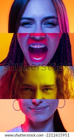 Shout, smile. Vertical composite image of close-up male and female eyes isolated on neon background. Multicolored stripes. Concept of equality, human rights, unification of all nations, ages and Royalty-Free Stock Photo #2212615951