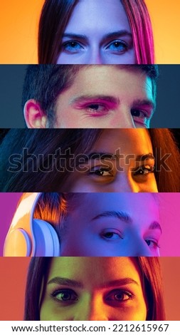Happy eyes. Vertical photo set of close-up male and female eyes isolated on colored neon backgorund. Multicolored stripes. Concept of equality, unification of all nations, ages and interests Royalty-Free Stock Photo #2212615967