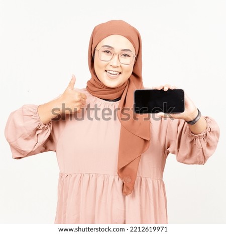 Showing Apps On Blank Screen Smartphone of Beautiful Asian Woman Wearing Hijab Isolated On White Background