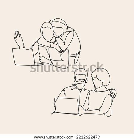 Old Elderly couple vector using laptop at home in continuous line art drawing style. Minimalist black linear sketch isolated on white background
