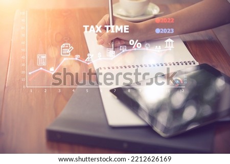 Concept of tax payment optimization business finance, people with taxes icon on technology screen, income tax and property, background for business, individuals and corporations such as VAT

