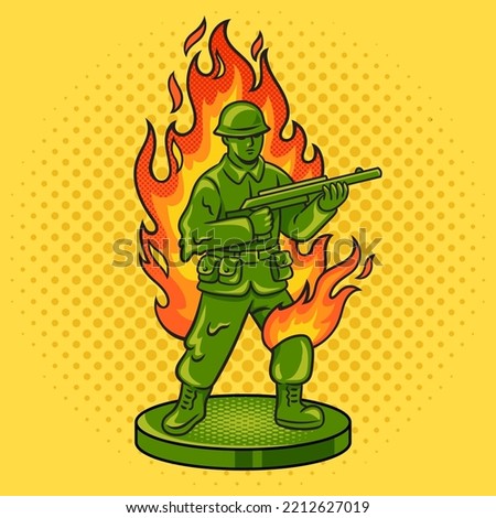 toy plastic soldier on fire pinup pop art retro vector illustration. Comic book style imitation.
