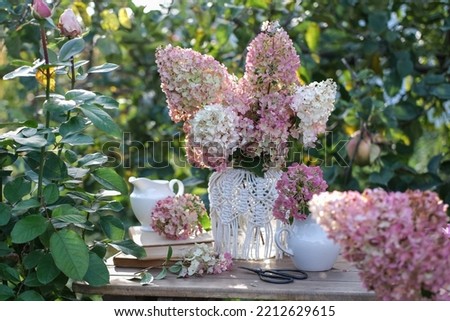 Vase with hydrangea and books on the table in the autumn garden. Autumn still life