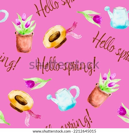 Spring floral seamless wallpaper. Flowers, lettering Hello Spring, straw hat on pink background. Vector seamless pattern with clipping mask, editable.