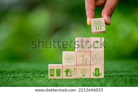 Net zero greenhouse gas emissions reduction with carbon credit concept. Reduce carbon dioxide e.g. renewable energy production improve the efficiency of transportation reduce environmental pollution. Royalty-Free Stock Photo #2212646033