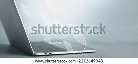 Business flowchart diagram and workflow automation in mindmap or organigram on virtual screen. A businessman is using a laptop to come up with a new project with an empty text box for your text. Royalty-Free Stock Photo #2212649343