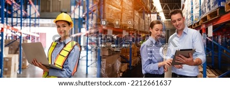 Warehouse manager talking and using digital tablet while checking product in warehouse, Logistic industry concept, Banner cover design. Royalty-Free Stock Photo #2212661637