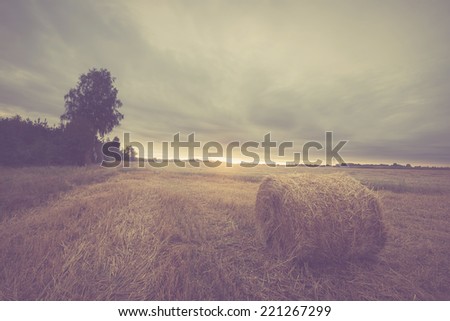 vintage photo of stubble field with straw bales at evening, filtered look.