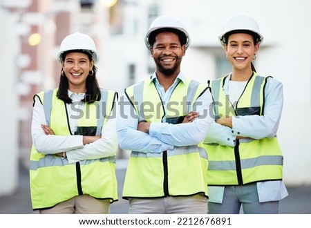 Vision, innovation and proud construction worker team happy with collaboration and goal at building site. Diversity, partnership and leader in design and architecture by excited people in solidarity Royalty-Free Stock Photo #2212676891