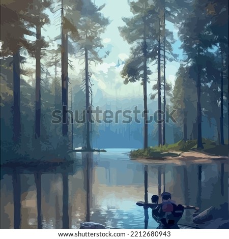 Mountains lake northern landscape flat vector illustration. Natural landscape with spruce trees hill silhouettes horizon. Valley, river. background. Travel poster. National park. Outdoors sky mountain