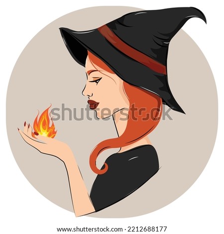 A beautiful redhead woman with witch hat holding a fire flamer in her hand, infront of a moon perfect for halloween or any other witchkraft or magic, vector eps 10 Royalty-Free Stock Photo #2212688177