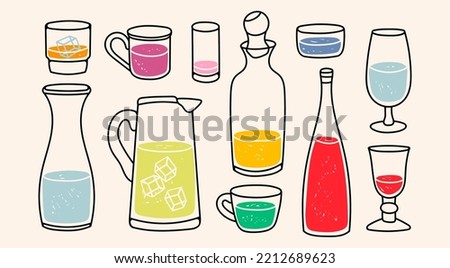 Different liquids in Various containers. Colorful beverage in the bottle, glass, jug, cup and mug. Hand drawn modern Vector illustration. Bar, restaurant menu design templates. Isolated elements