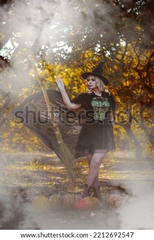Halloween time, witch Lady in Mystical forest, October atmosphere, witchcraft concept, ideas for mysterious Party