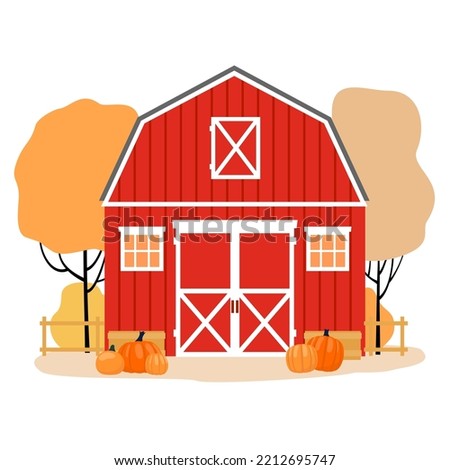 Red farmer's barn on the background of an autumn landscape. Illustrated vector element.
