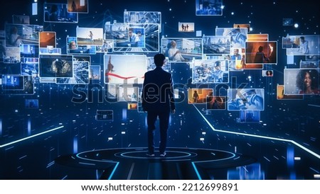 Virtual Reality Internet Interface: Asian Businessman Uses Smartphone in 3D Cyberspace Environment: Browses Websites, Enjoys Video Streaming Services, uses Social Media, Works with e-Commerce Royalty-Free Stock Photo #2212699891