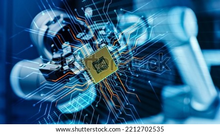 Futuristic Technology Concept: Modern Authentic Robot Arm Holding Contemporary Super Computer Processor Moving into Focus.CPU Microchip Digitilizes and Sends Data Power Lines with Computer Vision Royalty-Free Stock Photo #2212702535