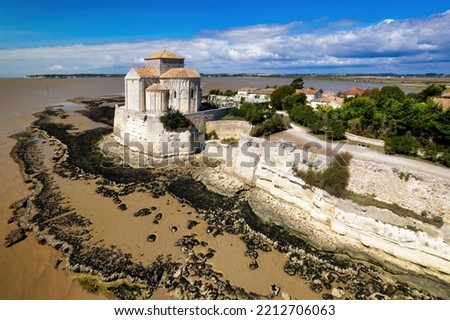 Aerial shot of the Sainte Radegonde chapel in the Talmont village in Gironde, France