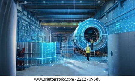 Futuristic Technology: Team of Engineers and Professionals Workers in Industry Manufacturing Factory that is Visualized with Graphics into Connected Automated Machinery. High-Tech Industry 4.1.