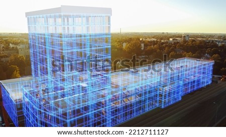 Aerial Drone Footage with VFX Concept: Building Construction Site Becomes Finished Project with 3D Graphics Effects On Image. Visualization, Digitalization of Design, Development of Futuristic City Royalty-Free Stock Photo #2212711127