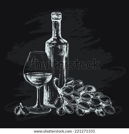 Wine, glass and grapes. Hand drawn graphic illustration