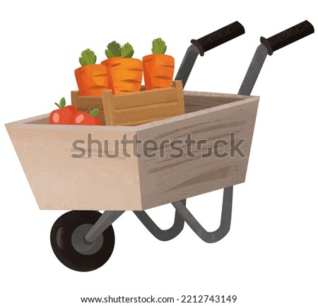 cartoon scene with wheelbarrow with vegetables illustration for children