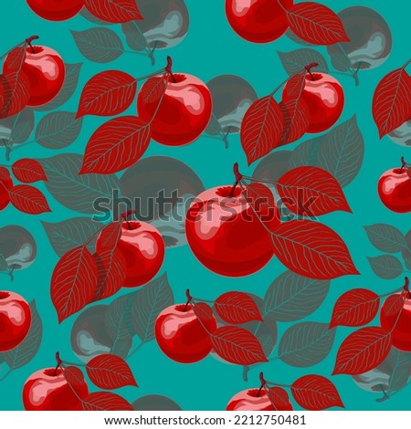Red apples in the style of Andy Warhol. Bright Seamless apple pattern. Seamless pattern of apples. Red apples with leaves on turquoise background. Seamless fruit pattern. Fruit background.