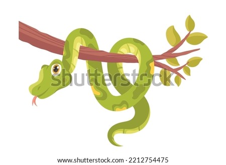 Cute snake on branch. Tropical and exotic animal in jungle or forest. Charming character on tree. Sticker for social networks and messengers. Wildlife and fauna. Cartoon flat vector illustration