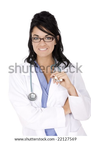 Beautiful Caucasion doctor or nurse posing with a stethoscope isolated on white background