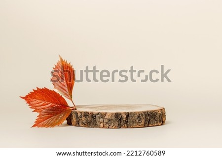 Wooden podium with autumn red leaves, minimal aesthetic background for product presentation Royalty-Free Stock Photo #2212760589