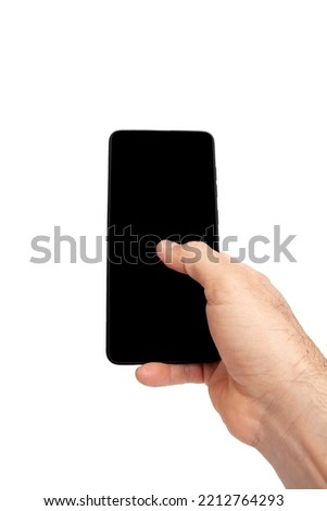 Hand holding mobile phone and blank screen for mockup template advertising and branding technology background.