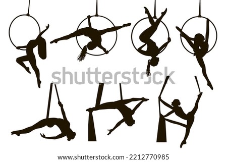 Silhouettes of a aerial gymnastic girl. Vector illustrations set on white background. Vector illustration Royalty-Free Stock Photo #2212770985