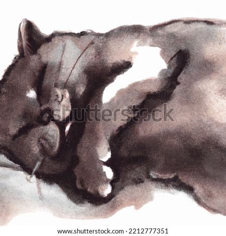 Digital painting of a gray russian blue cat sleeping curled up on a white background