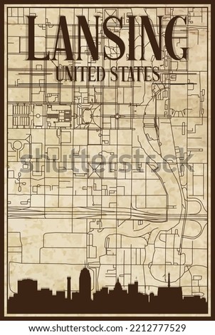 Brown vintage hand-drawn printout streets network map of the downtown LANSING, UNITED STATES OF AMERICA with brown 3D city skyline and lettering