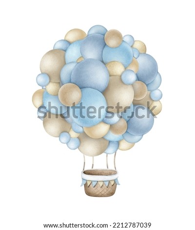 Blue hot air balloon with basket.Watercolor illustration isolated on white background.
