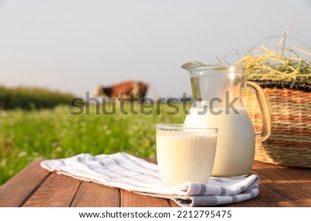 Milk with hay on wooden table and cow grazing in meadow Royalty-Free Stock Photo #2212795475
