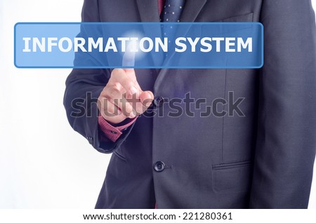 Businessman working on digital virtual screen press on button Information System