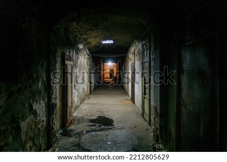 Dark corridor of old shabby dorm or appartment house Royalty-Free Stock Photo #2212805629