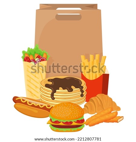 A set of fast food.Sandwiches, croissants, potatoes, shawarma and burgers.Street food.Vector illustration on a white background