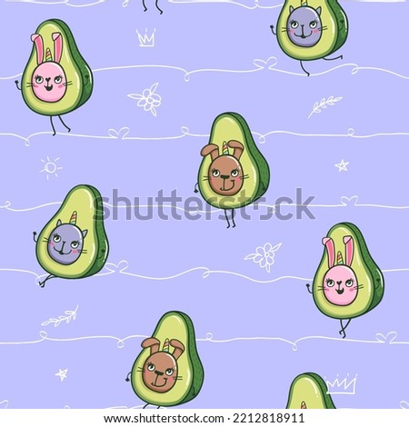 Abstract seamless avocado pattern. Cartoon avocados animals pattern on linear repeat background. Endless line with hearts, stars, crown, flowers, fruit, pets, leaves. Cuties cat, dog, rabbit character