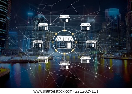 The outlets are connected by a network. Against the backdrop of the night city