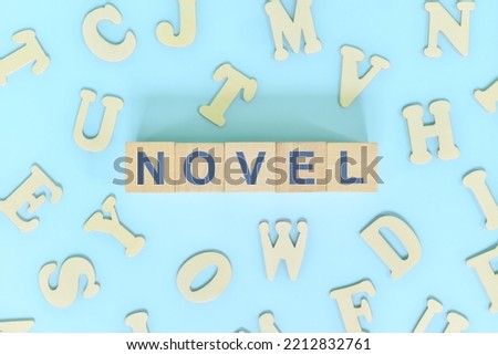 Novel narrative form in english literature concept. Wooden blocks typography word flat lay in blue background.