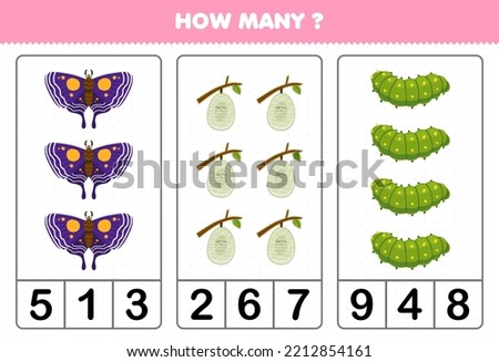 Education game for children counting how many cute cartoon butterfly cocoon caterpillar printable bug worksheet
